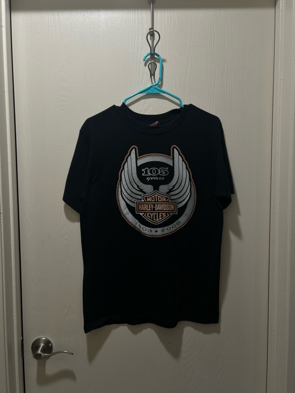 Harley-Davidson Black Tee with Silver and Orange Winged 105 Logo